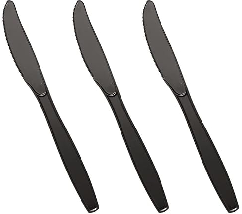 Venuscello® 100 x Black Knives Plastic Cutlery Set - Reusable & Washable Heavy Duty Cutlery, Long Tablespoon - Ideal for Birthday, Parties, Camping & Catering