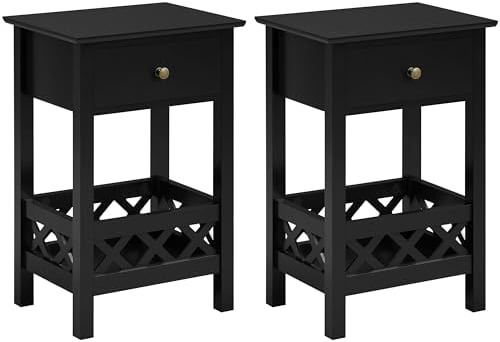 Yaheetech 2 Stück Nachtschrank Nachttisch Landhausstil Beistelltisch mit dem unteren Korb & 1 Schublade Nachtkommode Sofatisch Boxspringbett Nachtkommode 40 × 30 × 60 cm, Schwarz