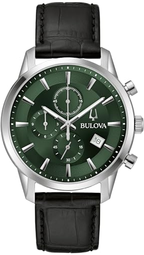 Bulova Herren Armbanduhr Sutton mit schwarzem Lederarmband, Gehäusedurchmesser: 41 mm, 96B413