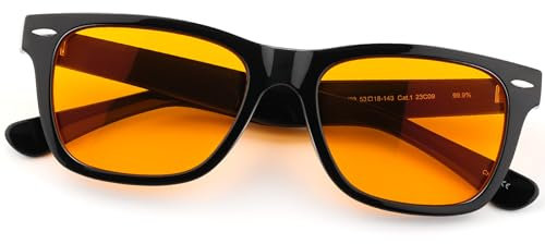 ViewJoy Sleeping Glasses 99.9% Blue Light Glasses Dual AR Coatings Amber Orange Lens for Computer Games Reduce Eye Strain, blackone, M