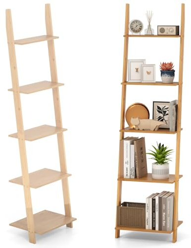 HOMASIS Leiterregal mit 5 Ebenen, Bücherregal aus Bambus, schmales Aufbewahrungsregal Standregal für Wohnzimmer, Schlafzimmer, Arbeitszimmer, 43 x 38,5 x 164 cm, Natur