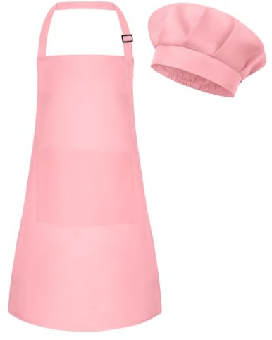 BOUBONI Delantal infantil y gorro de cocinero ajustable con 2 bolsillos, gorro de cocinero y delantal para cocinar, hornear y pintar, E-rosa., L