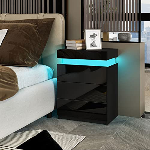 High Gloss Bedside Table 3 Drawers Modern Bedside Cabinet Nightstand with LED Lights for Bedroom Living Room 67 x 45 x 35cm (Black)