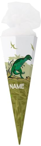 Striefchen® Schultüte Dinosaurier mit Namen Ihres Kindes - eckig, fertig gebastelt (80 cm Grün)