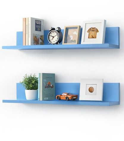 Afuly Wandregal Kinderzimmer 76cm, 2er Set Bücherregal Kinder lang schmal, Hochwertiges Massivholz, Wand Dekor Regale für Kinderzimmer Wohnzimmer Arbeitsplätze, Babyblau