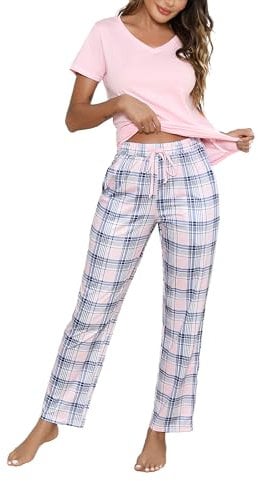 Litherday Schlafanzug Damen Baumwolle Pyjamas Set Kurzarm Nachtwäsche Set Zweiteiliger mit Lang Pyjamahose und Shirt Casual Elastischer Bund Sleepwear