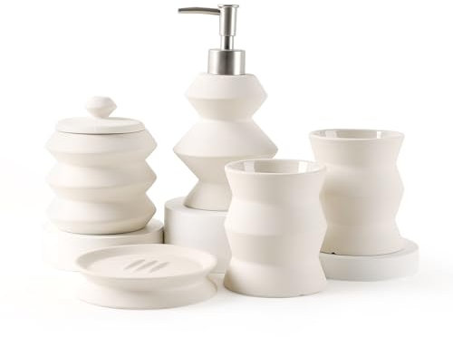 Umlaca Badezimmer Set Keramik – 5 Teile, Badezimmer Organizer mit Seifenspender, Seifenschale, Zahnbürstenhalter, Wattestäbchen Kanister, Hochwertiges Badezimmer Deko Set (Beige)
