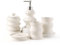 Umlaca Badezimmer Set Keramik – 5 Teile, Badezimmer Organizer mit Seifenspender, Seifenschale, Zahnbürstenhalter, Wattestäbchen Kanister, Hochwertiges Badezimmer Deko Set (Beige)