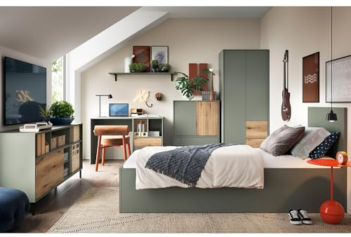 Lomadox Kinderzimmer komplett Set mit 120x200 cm Bettgestell in grau-grün mit Eiche, 6-teilig, Kleiderschrank, Kommode, Schreibtisch, Wandboard, TV-Lowboard