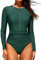 CUPSHE Women's Rash Guard One Piece Swimsuit High Neck Long Sleeve Zip Fixed Cups Color Block Swimwear Swimming Costume Forest Green L