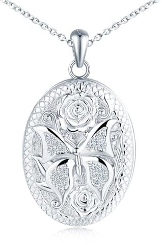 MicLee Damen Schmetterling Kette Anhänger 925 Silber Foto Ovaler Medaillons Silber Photo Halskette Amulett Kreativer Zirkon Schmetterling - Rose Gravur Openable Anhänger