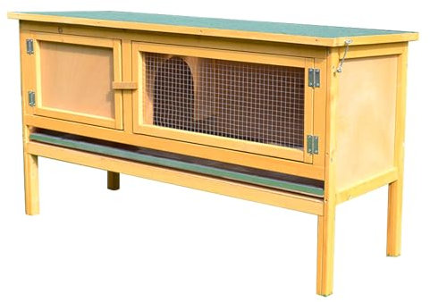 KLYDBMYT Erhöhter Kaninchenstall aus Holz, Kaninchenkäfig für drinnen und draußen, mit aufklappbarem Asphaltdach und herausnehmbarem Tablett für das Tierhaus