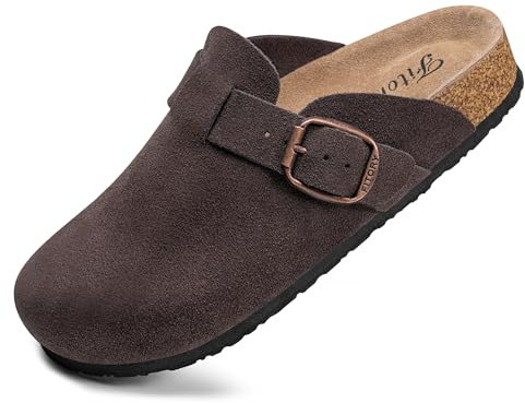 FITORY Damen Clogs Slip-on Potato Schuhe Leder Mule Spitze Wildleder Kork Innensohle Mokka Farbe Größe 38