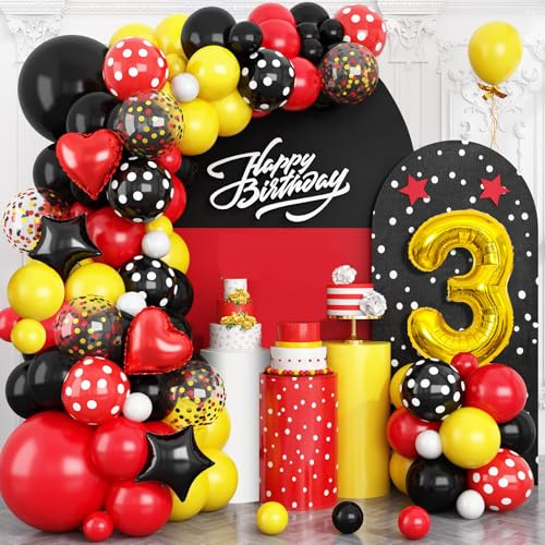 Cartoon 3rd Birthday Party Decorations, Red Yellow Black Balloons Arch Kit, Gold Number 3 Balloon with Star Heart Foil Balloon for Kids Boys 3rd Themed Birthday Baby Shower Supplies