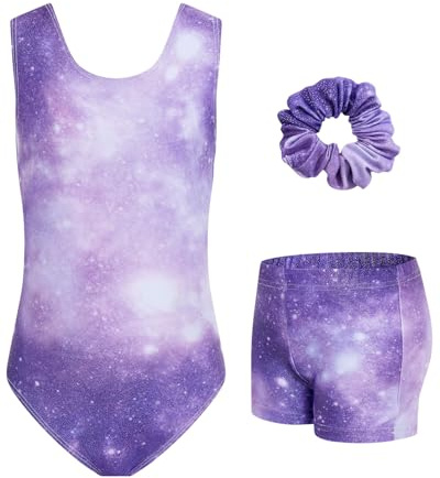 JiAmy Gymnastikanzug Mädchen, Turnanzug Kinder mit Hose Haarband Set, Glänzendes Gymnastik Turnanzug Leotard für 11-12 Jahre