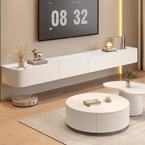Ribanedy Meuble TV Suspendu Moderne | Console multimédia de Divertissement Murale | Grand Banc de Rangement pour TV pour Salon et Bureau (Blanc, 120cm)