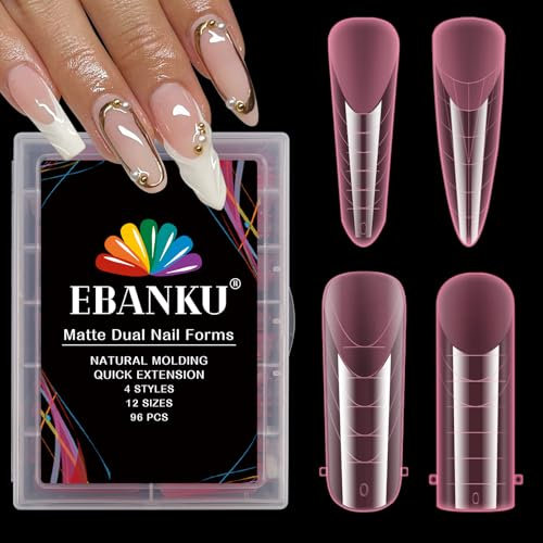 EBANKU 96PCS Poly Gel Nail Forms, Reusable Dual Forms for Polygel Pink Matte Stiletto Almond Square Nail Mold Acrylic Extension Tool for Home Salon Manicure, 4 Styles