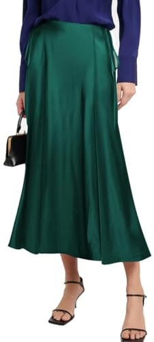 Women Satin Skirt Elegant A Line High Waist Flared Silk Midi Skirt Green XL