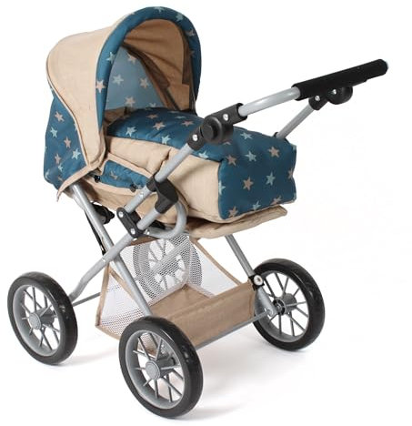 Bayer Chic 2000® 3in1 Kombi Puppenwagen Leni - Sternchen türkis-beige - faltbar, höhenverstellbarer Griff 43-67 cm, Tragetasche – Puppen bis 46 cm, ab 3 J.