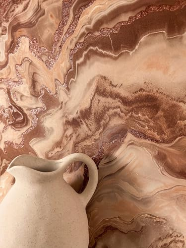 Newroom Papier Peint Intissé Marbre Marron Chambre à Coucher | Veines fluides beige et crème, reflets rosés scintillants, décoration murale, entrée, style bohème