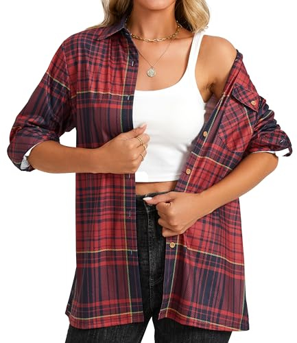 Enmain Ladies Check Shirt Long Sleeve Soft Stretchy Plaid Shirts for Women Traditional Oktoberfest Blouse Button Down Red Checked Tops 3XL