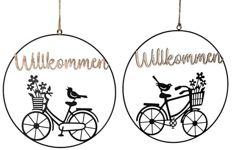 Willkommen Hänger Set 2 – Wanddeko aus Metall & Holz, Ø 25 cm, Fahrrad mit Blumen & Vogel – Türschild, Fensterdeko, Gartendeko, Haustür Dekoration