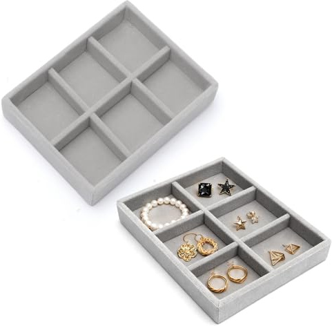 TNSLAND 2 Stück Schmucktablett Organizer 6 Fächer - Schmuckaufbewahrung für Schublade, Ideal für Ringe, Ohrringe und Armbänder Schmuck Tabletts Organizer Box - Ordnungssystem Aufbewahrung (Grau)