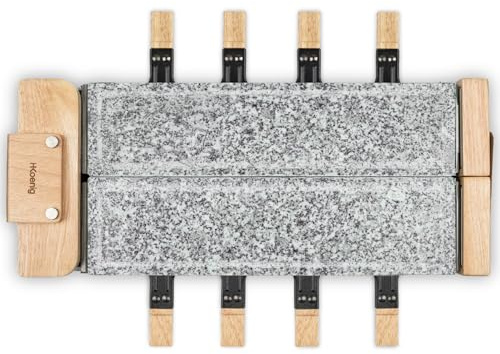 H.Koenig Appareil à Raclette 8 Personnes WOD362, Fromage, Fondue, Double Pierre de cuisson, Granit, Bois Naturel, Socle Pivotant à 180°, Plaques Amovibles, 8 Poêlons Antiadhésifs et 8 Spatules, 1400 W