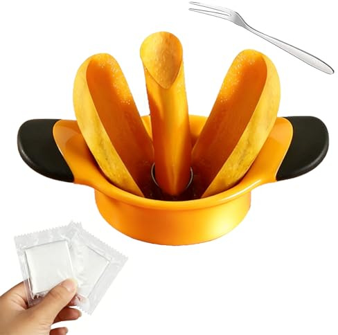 Mango Slicer & Corer Kit with Bonus Fork and Gloves, Stainless Steel Fruit Tool for Easy Pitting - Effortless Homemade Smoothies, Salads & Desserts