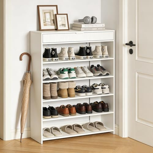Schuhschrank mit Schublade, Schuhschrank Schmal für 20 Paar, Schuhkommode Shoe Cabinet Holz mit 5 Ebenen, Kippschutz Stabil & Langlebig, Platzsparend für Flur und Wohnzimmer, 75x23.5x110.5 cm, Weiß