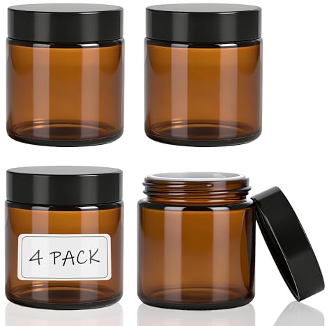 4oz Amber Glass Jars with Lids,Cosmetic Containers with Inner Liners for Creams, Lotions, Body Scrubs, Salve Jars,4 Pack