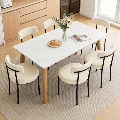 Fanerody Mid-Century Modern Teddy Fleece Esszimmerstühle 6er Set mit gebogener Rückenlehne, Metallbeinen, Schminktisch-Stuhl, Gepolsterte Küchenstühle für Esszimmer, Restaurant, Weiß