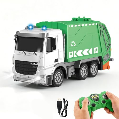 YESHIN Camión de basura teledirigido 1:24, 6 canales, control remoto de 2,4 G, camión de basura con luz, contenedor de basura basculante, escoba y cubo de basura, juguete realista para niños, juguete