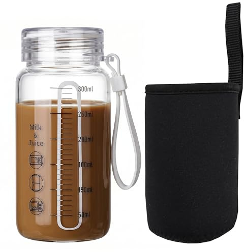 Ameble Borosilicate Glass Water Bottle with Measurements, Leakproof Glass Milk Bottle with Lid, Microwave Safe Measuring Cup, Shaker & Tea with Sleeve