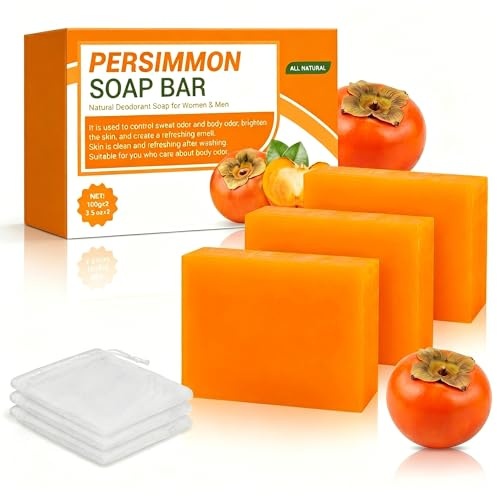Lot de 3 Pains de Savon au Kaki & Thé Vert | Savon Désodorisant et Anti-Odeur Naturel | Nettoyant Visage & Corps (Orange-A, 300 g (Lot de 3))