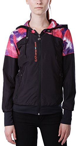 Emporio Armani EA7 Damen Laufjacke aus der Vigor 7-Serie - Leichte Jacke, Trainingsjacke mit Palmen-Print, Logo und Kapuze - Black, Farbe:Schwarz;Größe:L