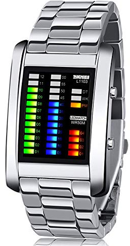 Gosasa New Popular Brand LED Display Luxury Fashion Men's Digital Watch Binary Time Sport Army Wristwatches Black&Silver (Silver)
