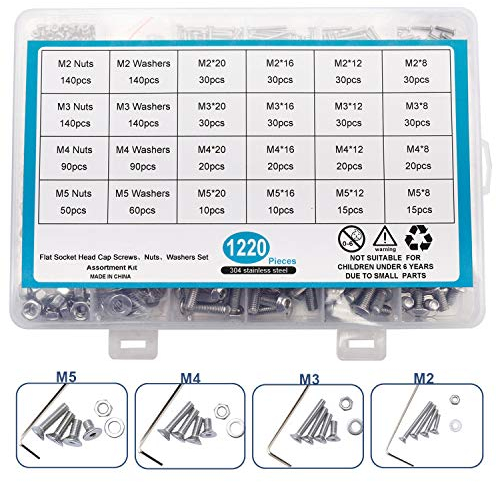 Homtone 1220pcs M2 M3 M4 M5 Tornillos de Cabeza Hexagonal de Acero Inoxidable 304, Juego de Tornillos y Tuercas con Tuerca Allen Tornillos, con Llaves Hexagonales (Cabeza plana)