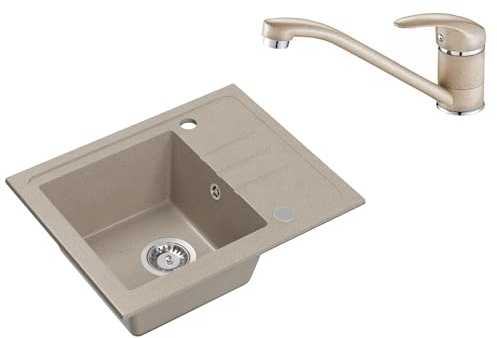 VBChome Granit Spülbecken Beige Mit Armatur 55 x 44 cm - Einzelbecken Einbauspüle Gesprenkelt Reversibel Granitspüle Siphon Waschbecken