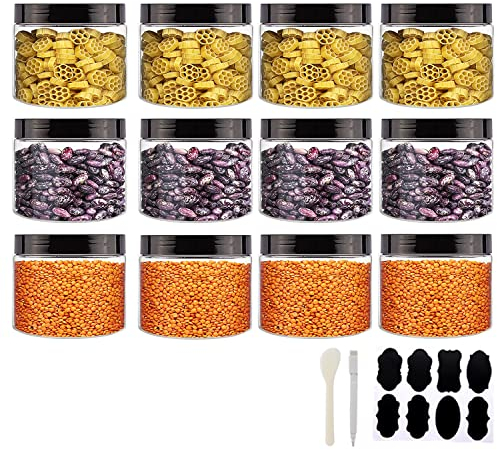 YBCPACK Lot de 12 bocaux de rangement en plastique transparent de 300 ml avec couvercles, 1 spatule, 1 stylo et étiquettes, après-shampooing, pot à slime pour travaux manuels