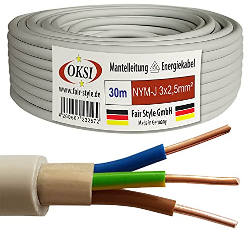 OKSI 30m NYM-J 3x2,5 mm² Mantelleitung Feuchtraumkabel Elektrokabel Kupfer Made in Germany