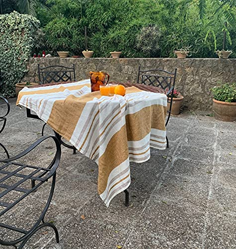 JOWOLLINA Leinen Tischdecke Allrounder Überwurf Provence (Stripe Senf, 140x250 cm)