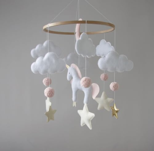 BABYLEDO Mobile für Babybett mit Geschenkbox, Traumfänger, Bettglocke, Holz, Babyzimmer Dekoration, ideal als Geschenk zur Geburt Geburtstag (Einhorn, rosa)