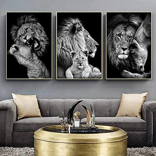 HMXQLW Famille de Lions Afrique Peinture Noir et Blanc Toile Peinture Affiche Decoration Murale Tableau Art, Impression sur Toile Chambre Maison Decor Murale Art sans Cadre (B,3X20X30CM)