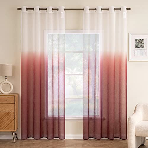 EMEMA Gardinen Transparent Vorhänge Voile Sheer Vorhang mit Ösen Farbverlauf Dekoschal Fensterschal für Schlafzimmer und Wohnzimmer 245 cm x 140 cm(H x B) 2er Set Weiß Rotbraun