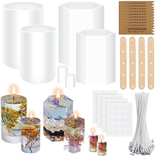 Moules de Bougies pour Couler 6 Pcs Moules de Bougies en Silicone DIY Moules à Bougies en Silicone, Moules de Bougies Hexagonales et Cylindriques avec Accessoires pour le Bricolage et l’Artisanat