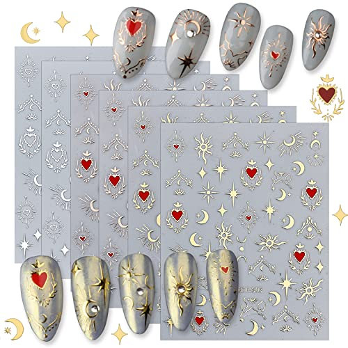 NICENEEDED 6 Sheets Bronzing Sun Star Moon Nail Art Stickers, Rose Gold Self Adhesive Heart Nail Decals, Starlight Moon Design Stickers Nail Decoration for Women Girls DIY Nail Art, 0.01 kilograms