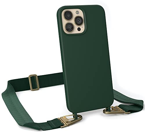 EAZY CASE - Hülle mit Band kompatibel mit iPhone 13 Pro Max Handyhülle mit Umhängeband Silikonhülle Schwarz Handykette zum Umhängen Handykordel Schutzhülle für Smartphone in Pinien Grün - Clips Gold