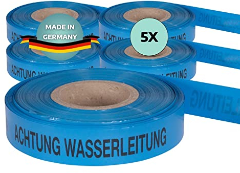 AWOTEX Trassenwarnband Wasserleitung I 5 Rollen Erdkabel-Warnband für die Baustelle I 250 m Trassenband Wasser I alterungs- & klimabeständig I umweltfreundliches Warnband blau