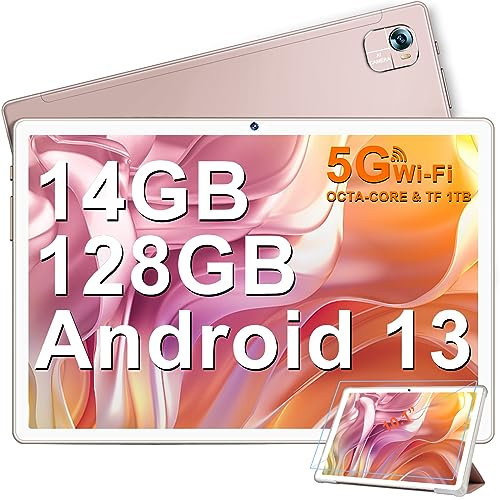 FACETEL Tablet 10 Pollici Android con Octa-Core 2.0 GHz, 14GB + 128 GB (TF 1TB), 5G WiFi, 8000mAh, 1280 * 800 HD, Bluetooth 5.0, Doppia Camera, OTG, Type C, Tablet in offerta con Case - Oro